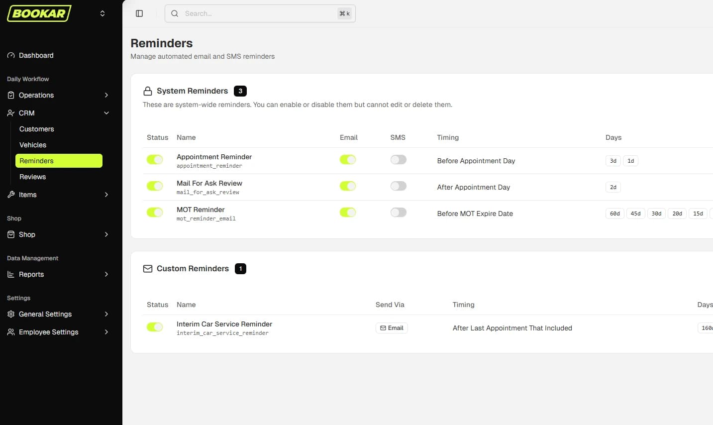 BOOKAR CRM and marketing dashboard