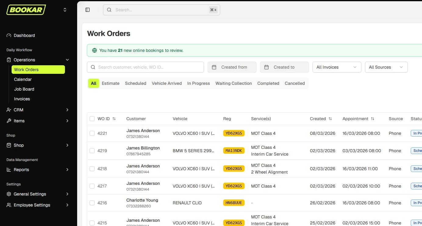 BOOKAR garage management dashboard