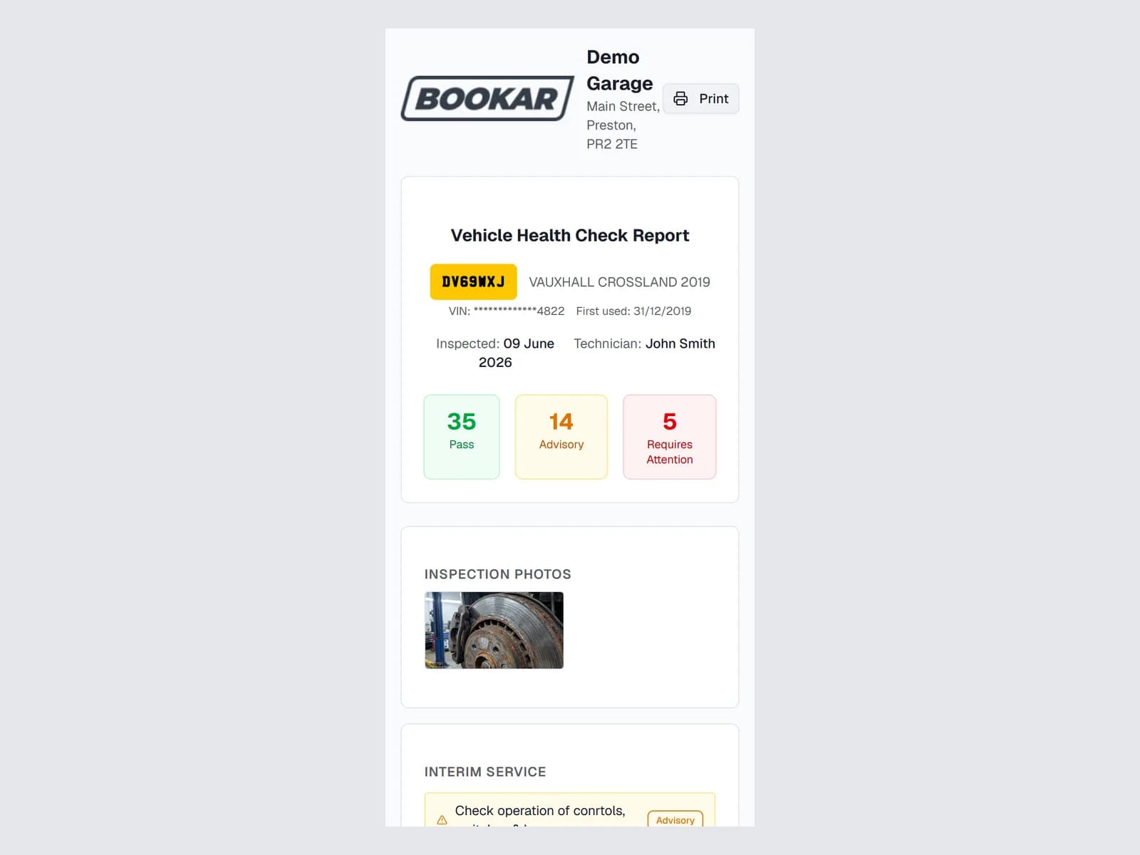 The vehicle health check report as the customer sees it on their phone