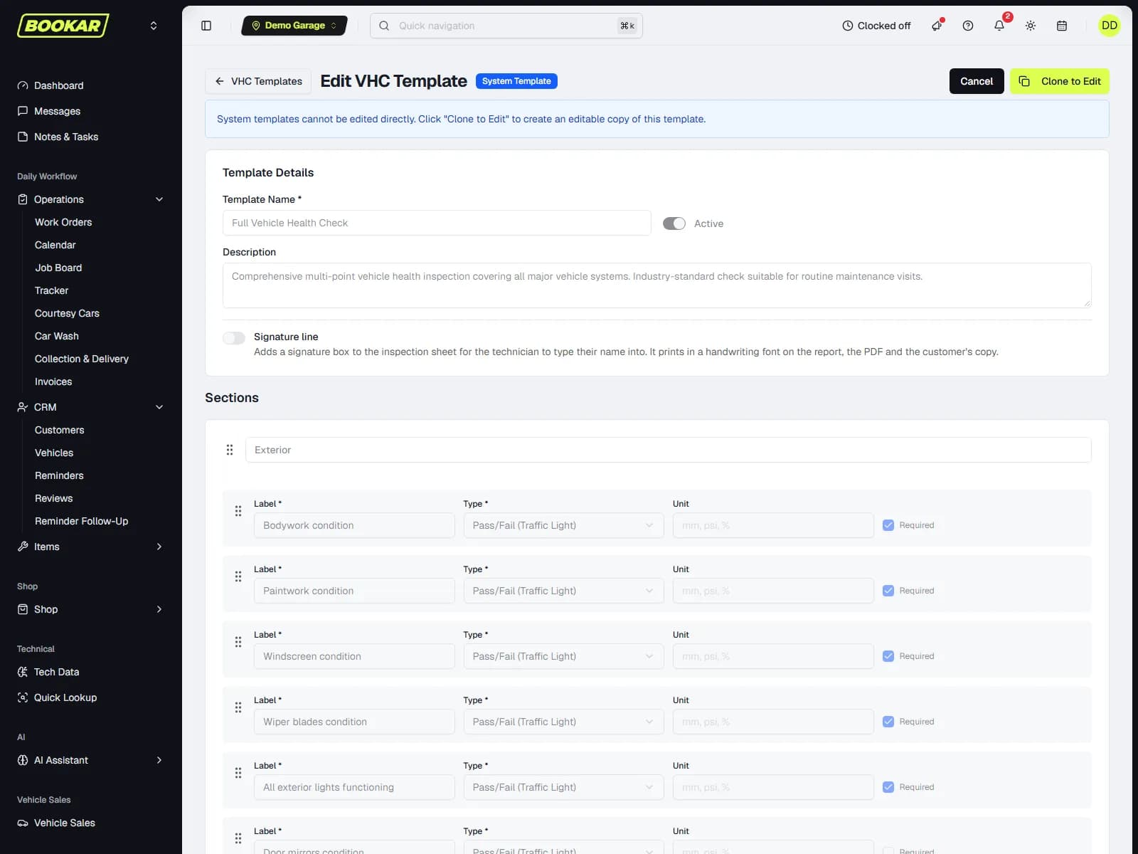 The VHC template builder with traffic-light checklist items