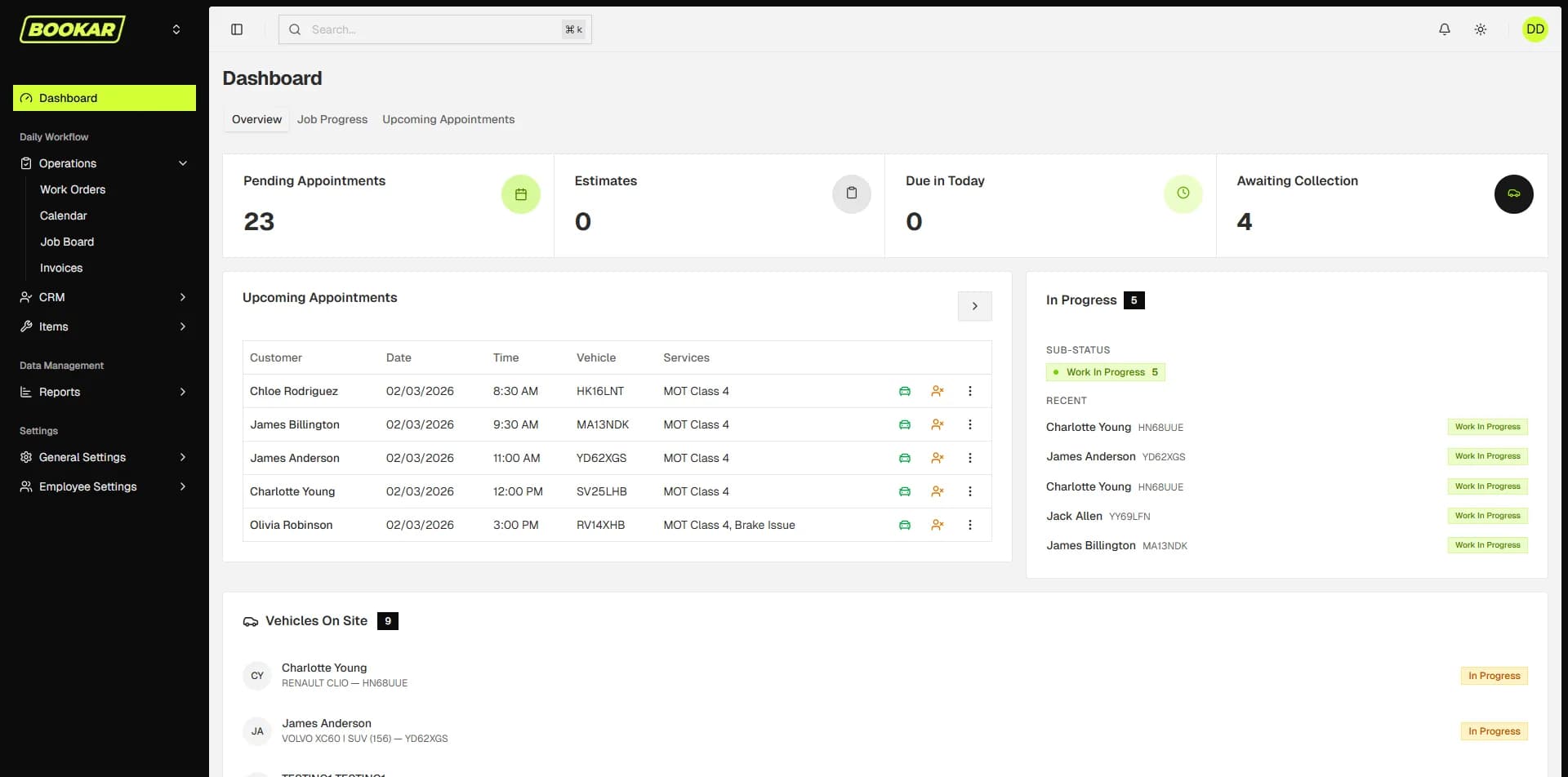 BOOKAR Dashboard - Garage Management System