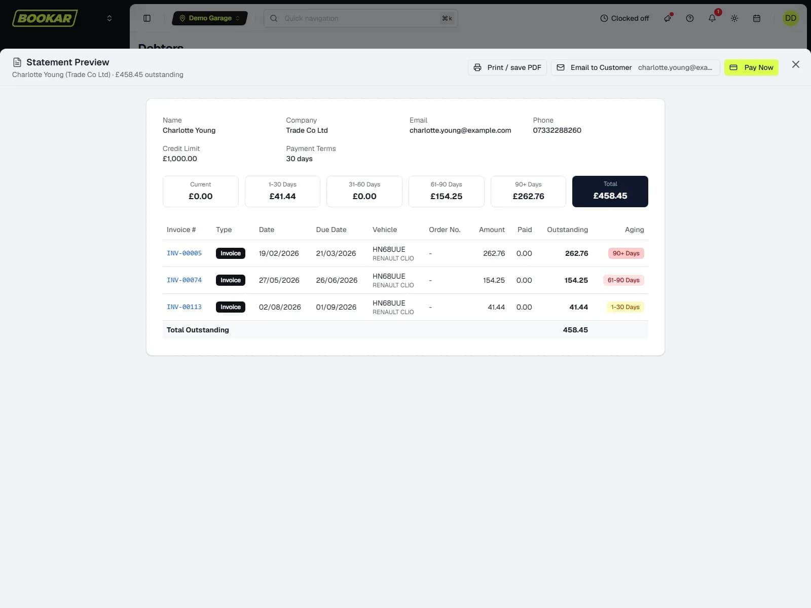 Aged debtors with a statement previewed on screen
