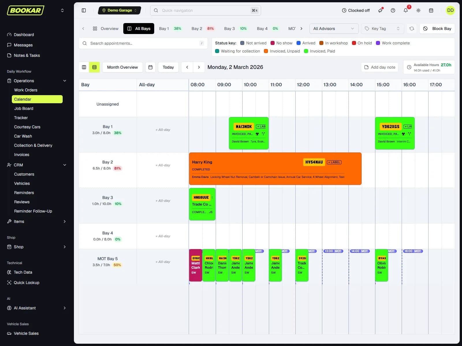 BOOKAR diary showing bays and technicians for a day