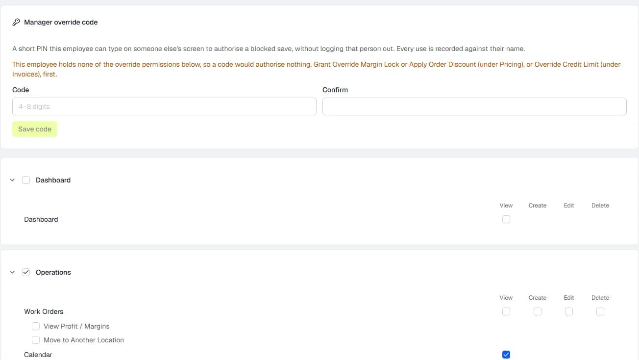 Entering a manager override code at a price lock