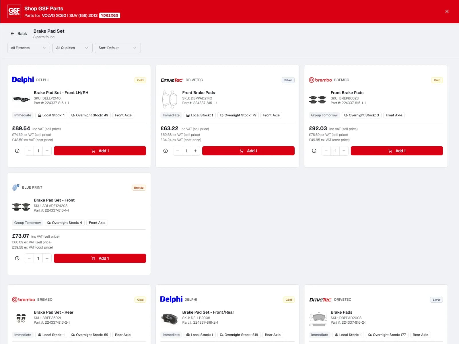 Supplier parts prices and stock inside a BOOKAR work order