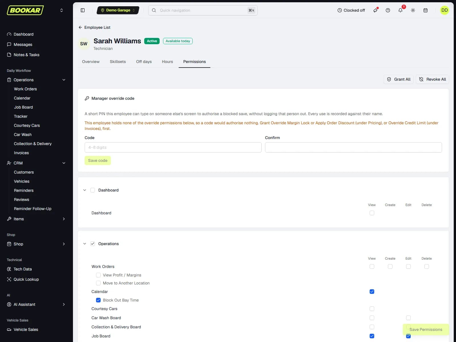 The permissions tree on an employee record