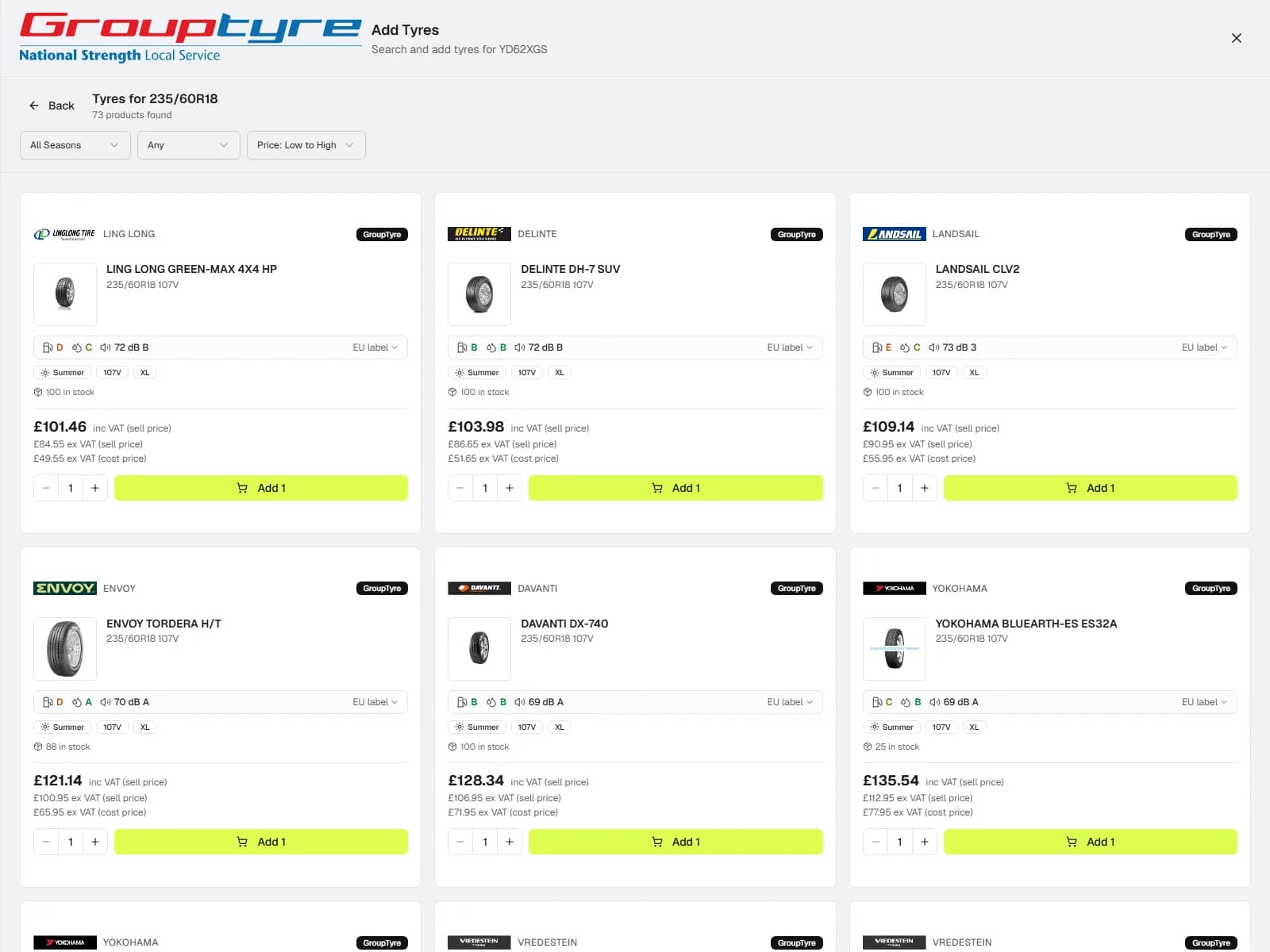 Tyre search by size with live stock