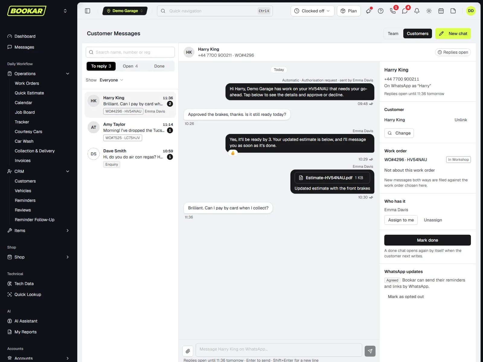 The customer WhatsApp inbox in BOOKAR GMS, with a chat open beside the customer's details